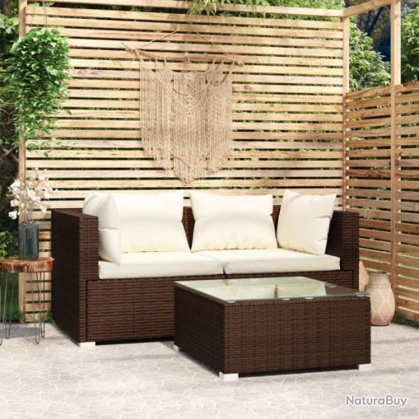 Salon de jardin 3 pcs avec coussins marron rsine tresse