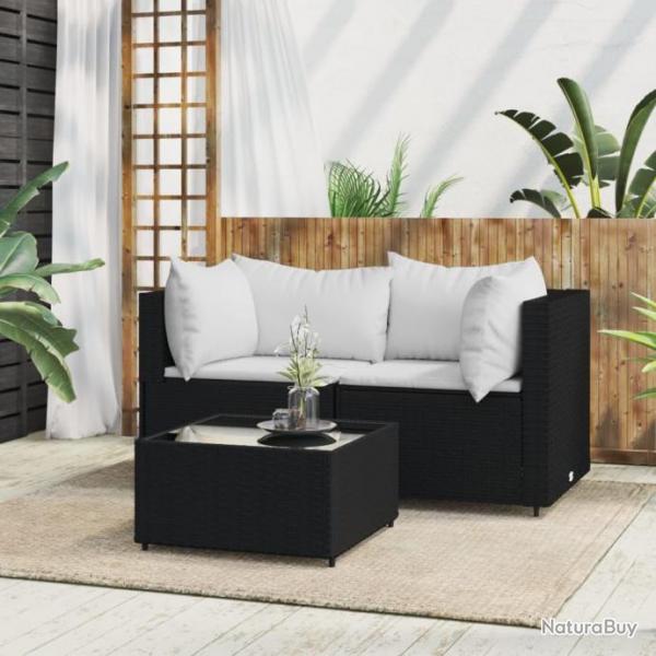 Salon de jardin 3 pcs avec coussins Noir Rsine tresse