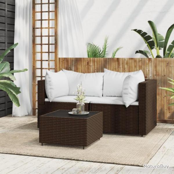 Salon de jardin 3 pcs avec coussins marron rsine tresse