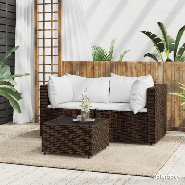 Salon de jardin 3 pcs avec coussins marron rsine tresse alsavelo