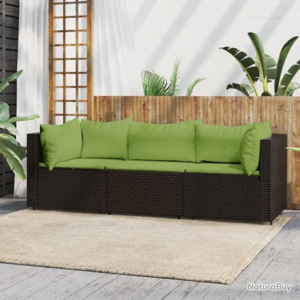 Salon de jardin 3 pcs avec coussins marron rsine tresse