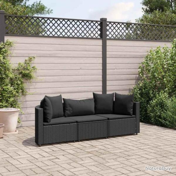 Salon de jardin 3 pcs avec coussins noir rsine tresse