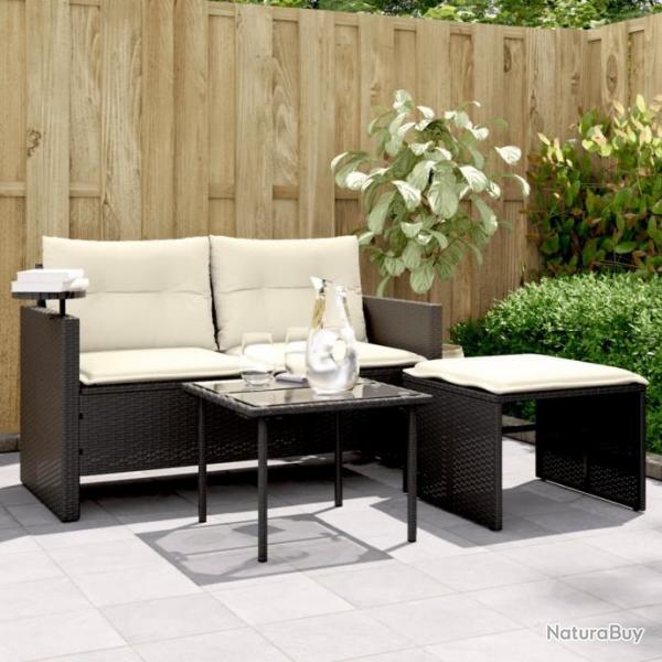 Salon de jardin 3 pcs avec coussins noir rsine tresse