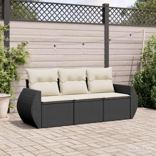 Salon de jardin 3 pcs avec coussins noir rsine tresse