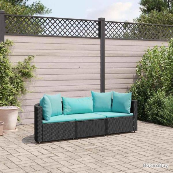 Salon de jardin 3 pcs avec coussins noir rsine tresse