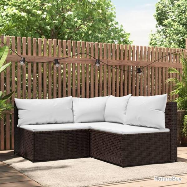 Salon de jardin 3 pcs avec coussins marron rsine tresse