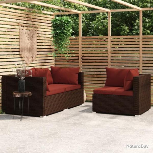 Salon de jardin 3 pcs avec coussins Marron Rsine tresse