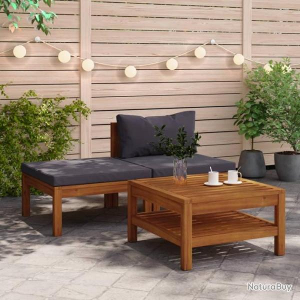 Salon de jardin 3 pcs avec coussins gris fonc Bois d'acacia