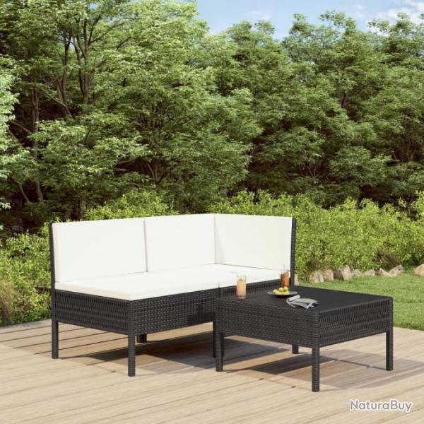 Salon de jardin 3 pcs avec coussins Rsine tresse Noir