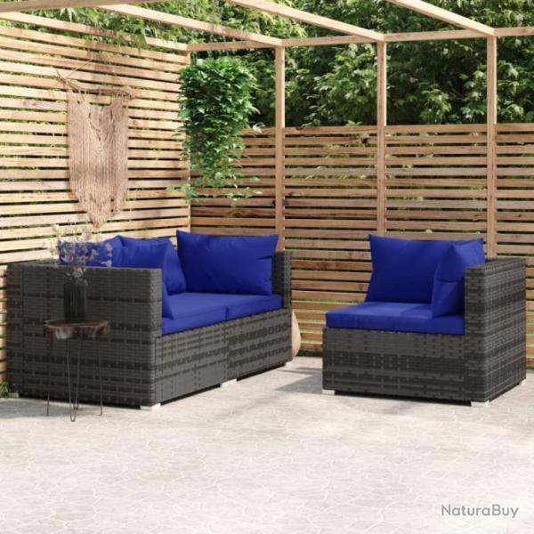 Salon de jardin 3 pcs avec coussins Gris Rsine tresse