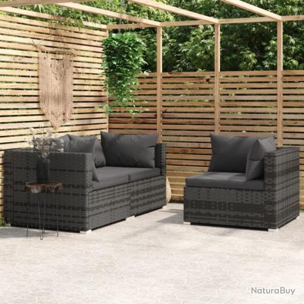 Salon de jardin 3 pcs avec coussins Gris Rsine tresse