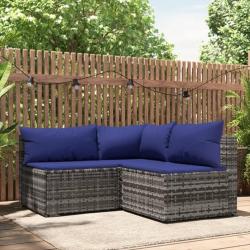 Salon de jardin 3 pcs avec coussins Gris Résine tressée