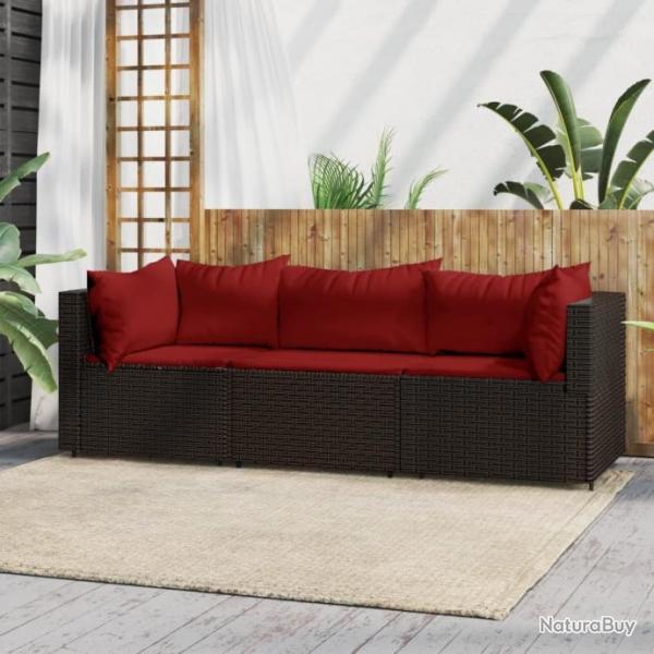 Salon de jardin 3 pcs avec coussins marron rsine tresse