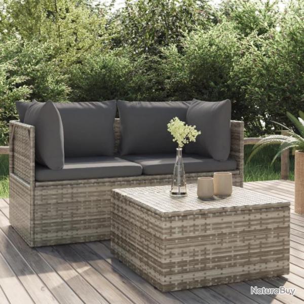 Salon de jardin 3 pcs avec coussins Gris Rsine tresse