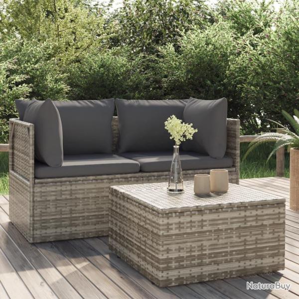 Salon de jardin 3 pcs avec coussins Gris Rsine tresse alsavelo