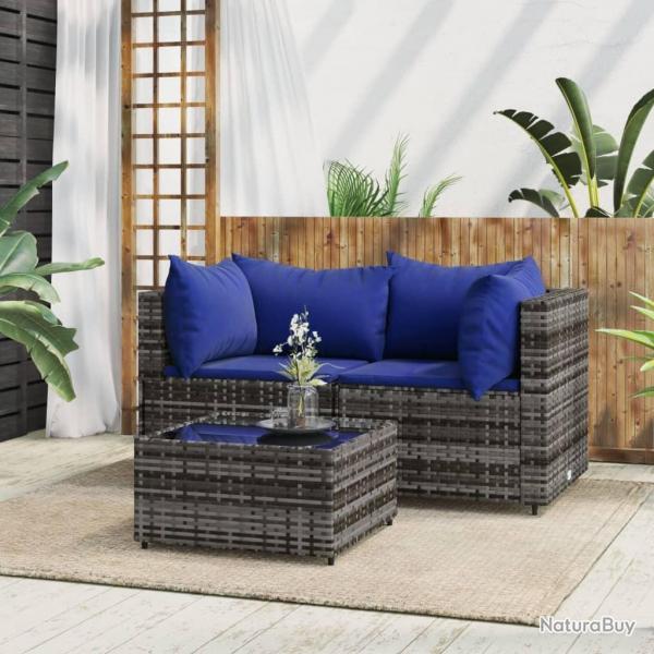 Salon de jardin 3 pcs avec coussins Gris Rsine tresse alsavelo
