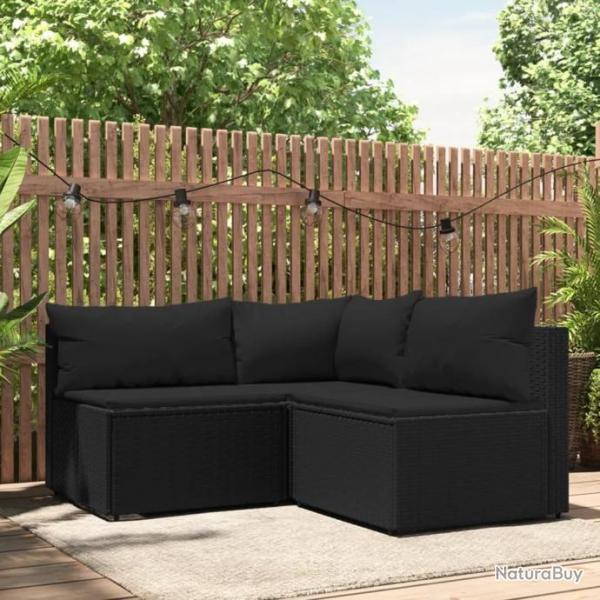 Salon de jardin 3 pcs avec coussins Noir Rsine tresse