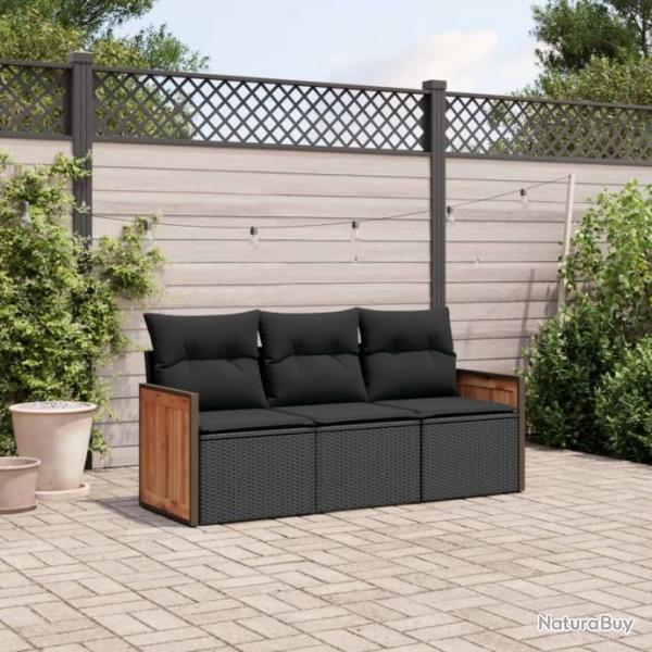 Salon de jardin 3 pcs avec coussins noir rsine tresse