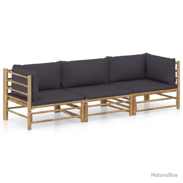 Salon de jardin 3 pcs avec coussins gris fonc bambou alsavelo