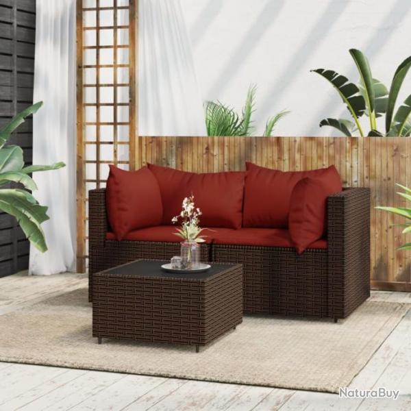 Salon de jardin 3 pcs avec coussins marron rsine tresse