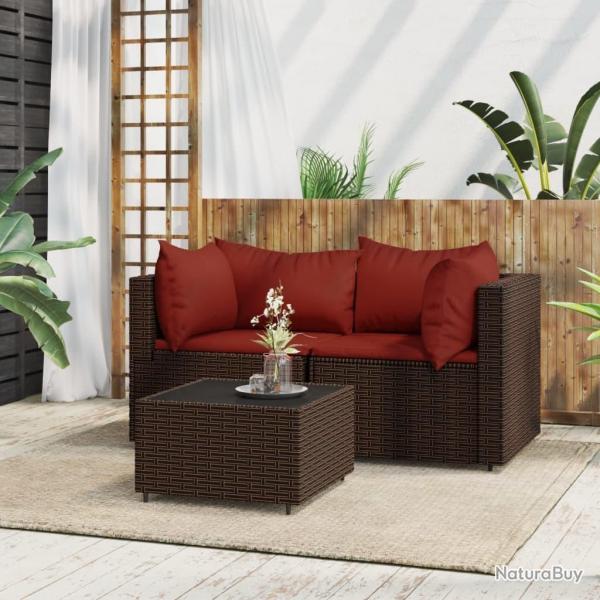 Salon de jardin 3 pcs avec coussins marron rsine tresse alsavelo
