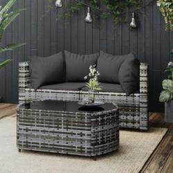 Salon de jardin 3 pcs avec coussins Gris Résine tressée