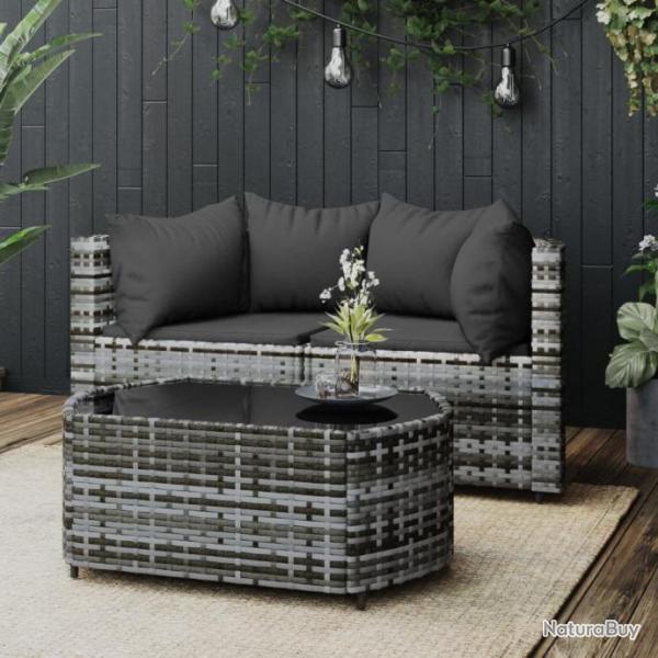 Salon de jardin 3 pcs avec coussins Gris Rsine tresse