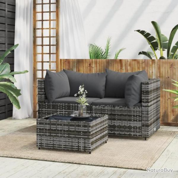 Salon de jardin 3 pcs avec coussins Gris Rsine tresse