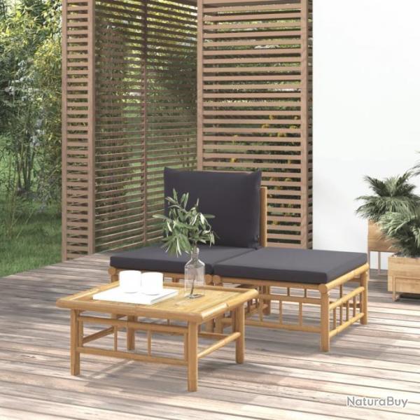 Salon de jardin 3 pcs avec coussins gris fonc bambou