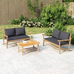 Salon de jardin 3 pcs avec coussins gris foncé bambou