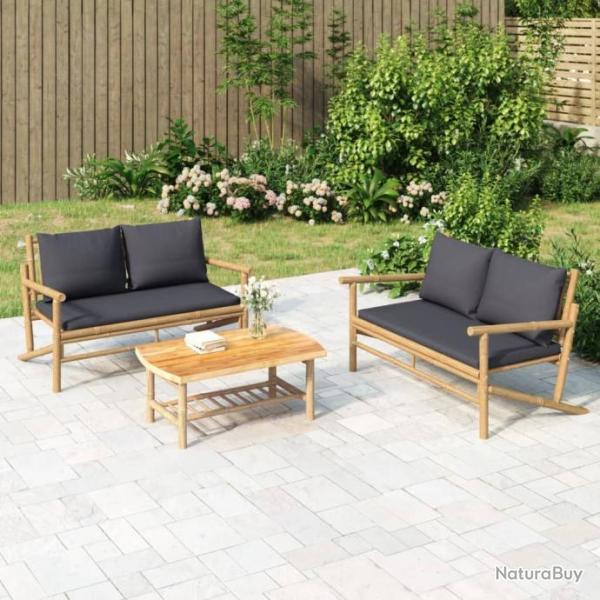 Salon de jardin 3 pcs avec coussins gris fonc bambou