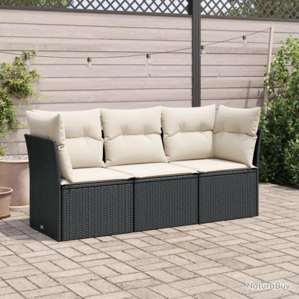 Salon de jardin 3 pcs avec coussins noir rsine tresse