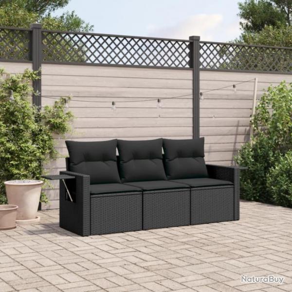 Salon de jardin 3 pcs avec coussins noir rsine tresse