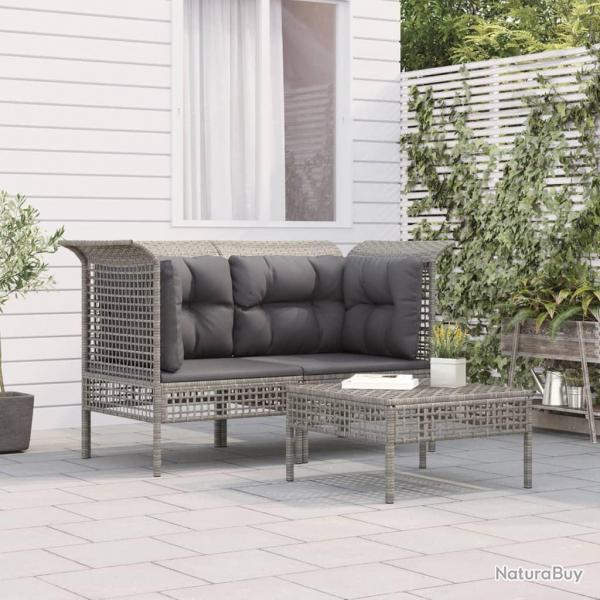 Salon de jardin 3 pcs avec coussins Gris Rsine tresse alsavelo