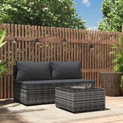 Salon de jardin 3 pcs avec coussins Gris Résine tressée alsavelo