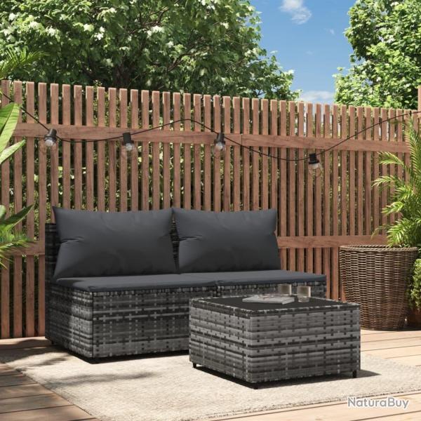 Salon de jardin 3 pcs avec coussins Gris Rsine tresse alsavelo