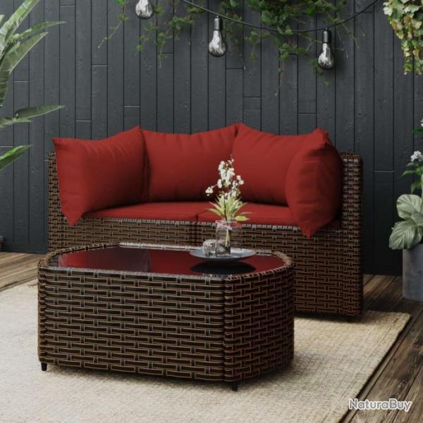 Salon de jardin 3 pcs avec coussins marron rsine tresse