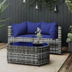 Salon de jardin 3 pcs avec coussins Gris Résine tressée alsavelo