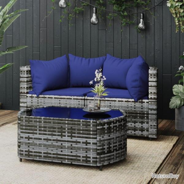 Salon de jardin 3 pcs avec coussins Gris Rsine tresse alsavelo