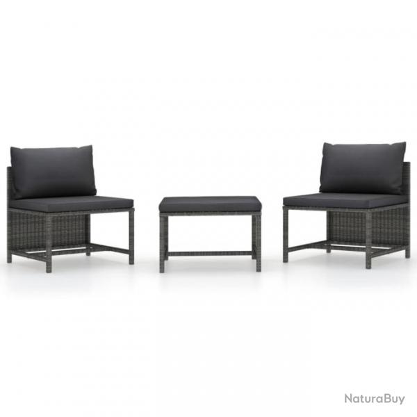 Salon de jardin 3 pcs avec coussins Gris Rsine tresse