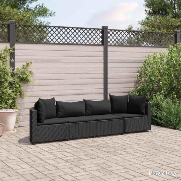 Salon de jardin 4 pcs avec coussins noir rsine tresse