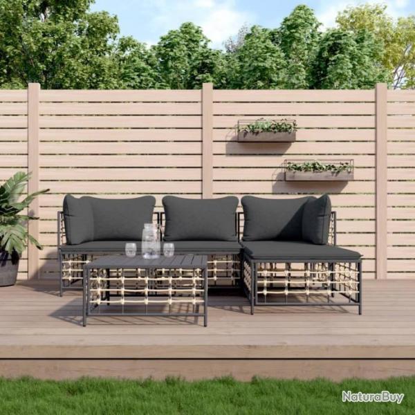 Salon de jardin 4 pcs avec coussins anthracite rsine tresse