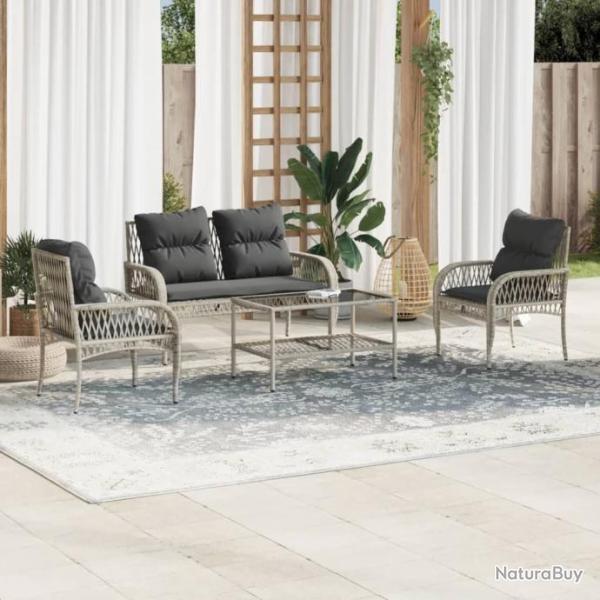 Salon de jardin 4 pcs avec coussins gris clair rsine tresse