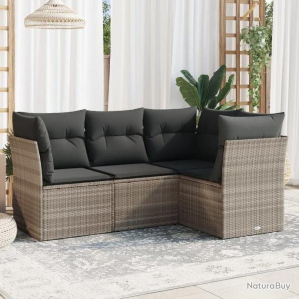 Salon de jardin 4 pcs avec coussins gris clair rsine tresse