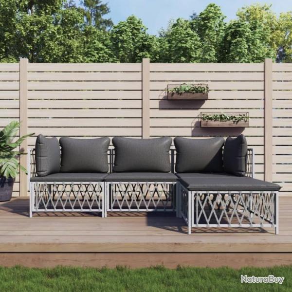 Salon de jardin 4 pcs avec coussins blanc acier