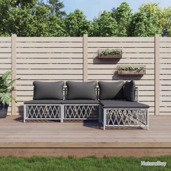 Salon de jardin 4 pcs avec coussins blanc acier