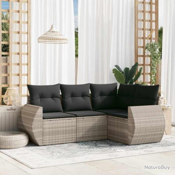 Salon de jardin 4 pcs avec coussins gris clair rsine tresse