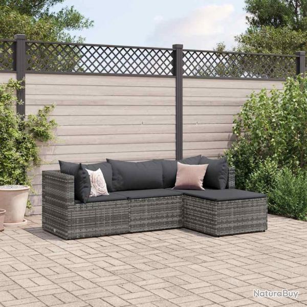Salon de jardin 4 pcs avec coussins Gris Rsine tresse alsavelo
