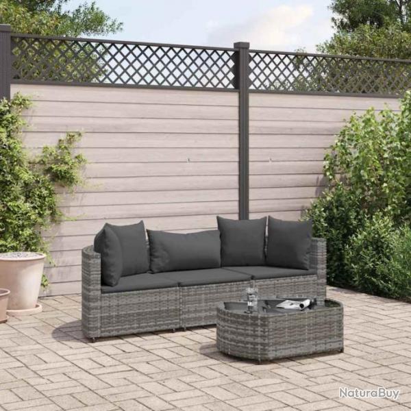 Salon de jardin 4 pcs avec coussins gris rsine tresse