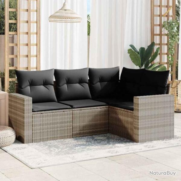 Salon de jardin 4 pcs avec coussins gris clair rsine tresse